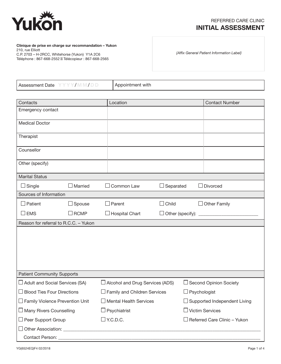 Form YG6524 Initial Assessment - Yukon, Canada, Page 1