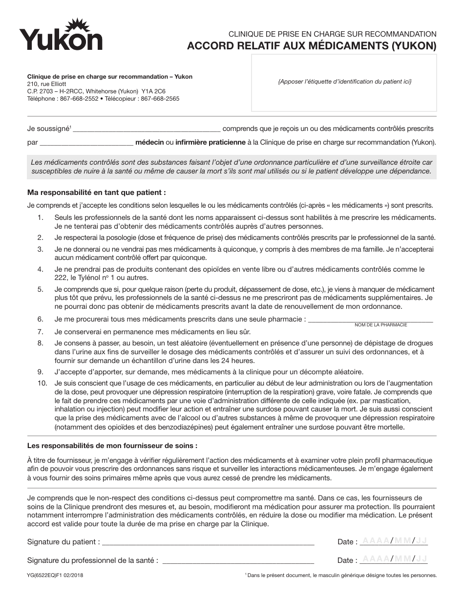 Forme YG6522 Accord Relatif Aux Medicaments (Yukon) - Yukon, Canada (French), Page 1