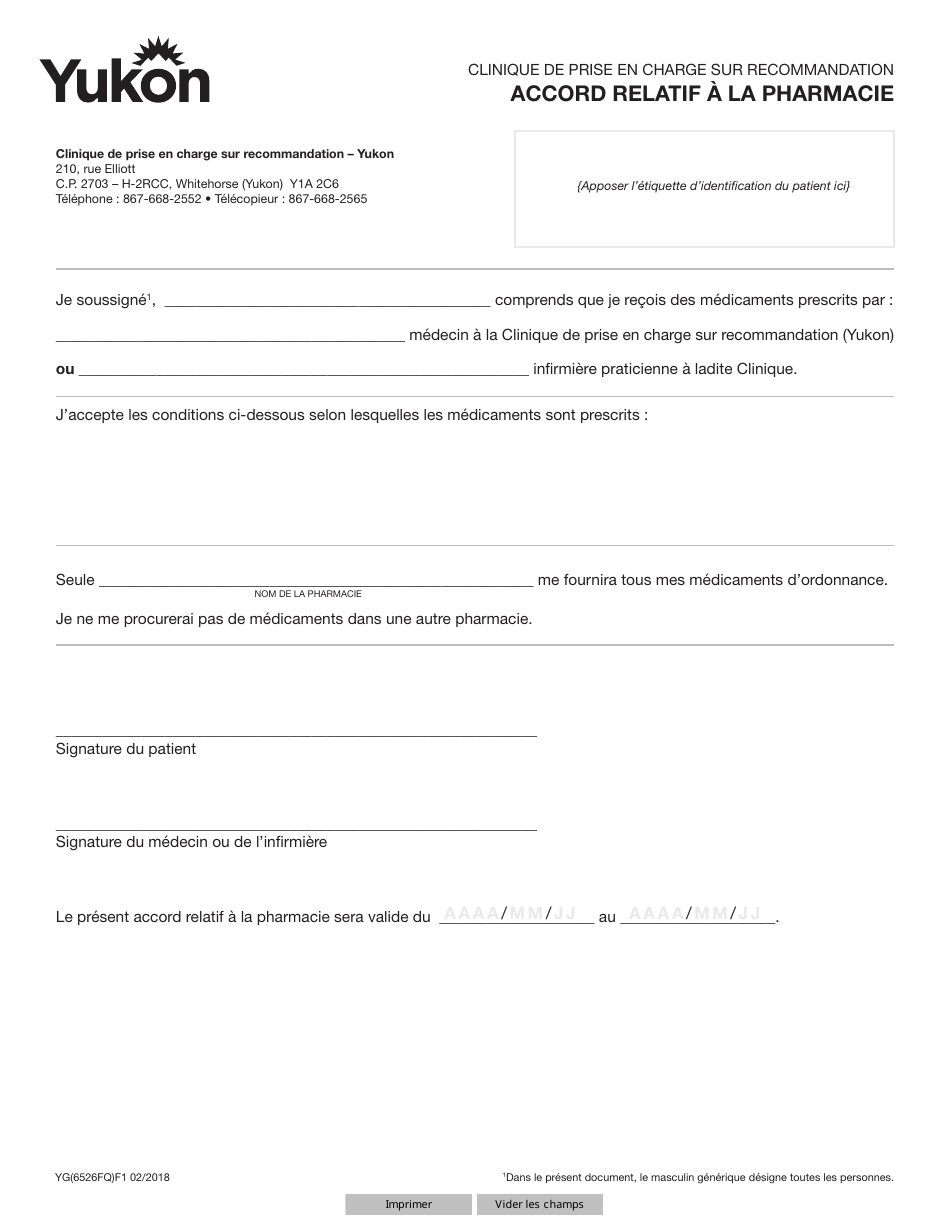 Forme YG6526 Pharmacy Agreement - Yukon, Canada (French), Page 1
