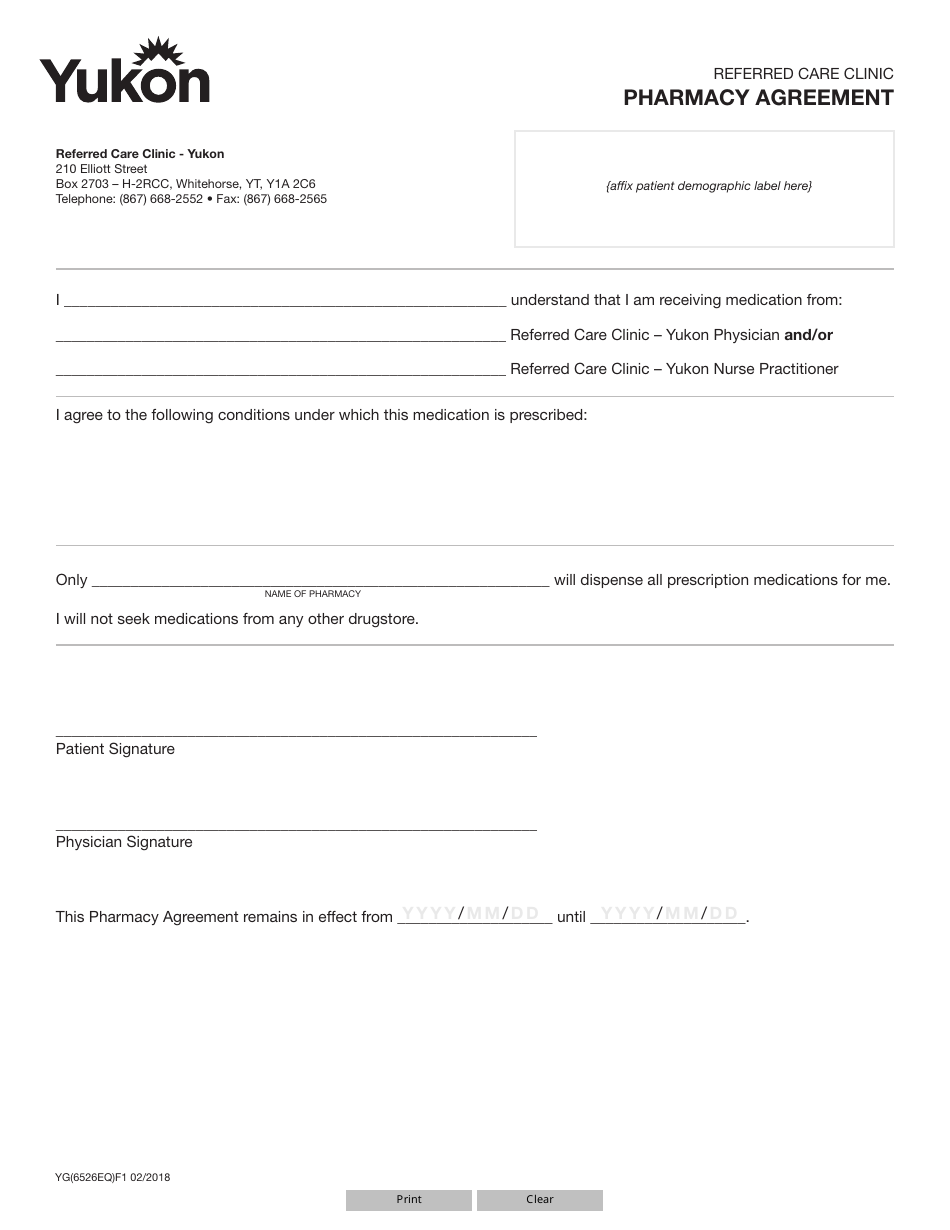 Form YG6526 Pharmacy Agreement - Yukon, Canada, Page 1