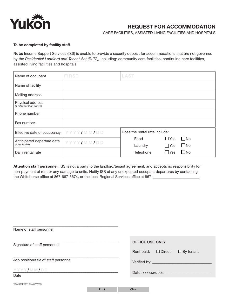Form YG4906 Request for Accommodation - Yukon, Canada, Page 1