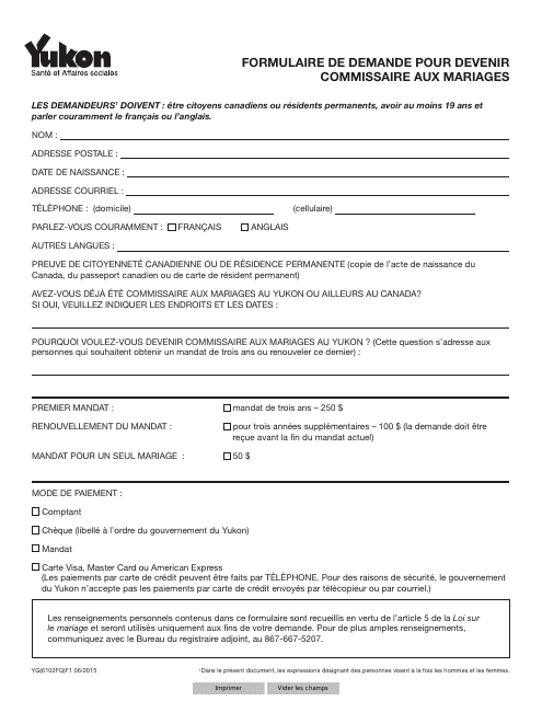 Forme YG6102 Formulaire De Demande Pour Devenir Commissaire Aux Mariages - Yukon, Canada (French)