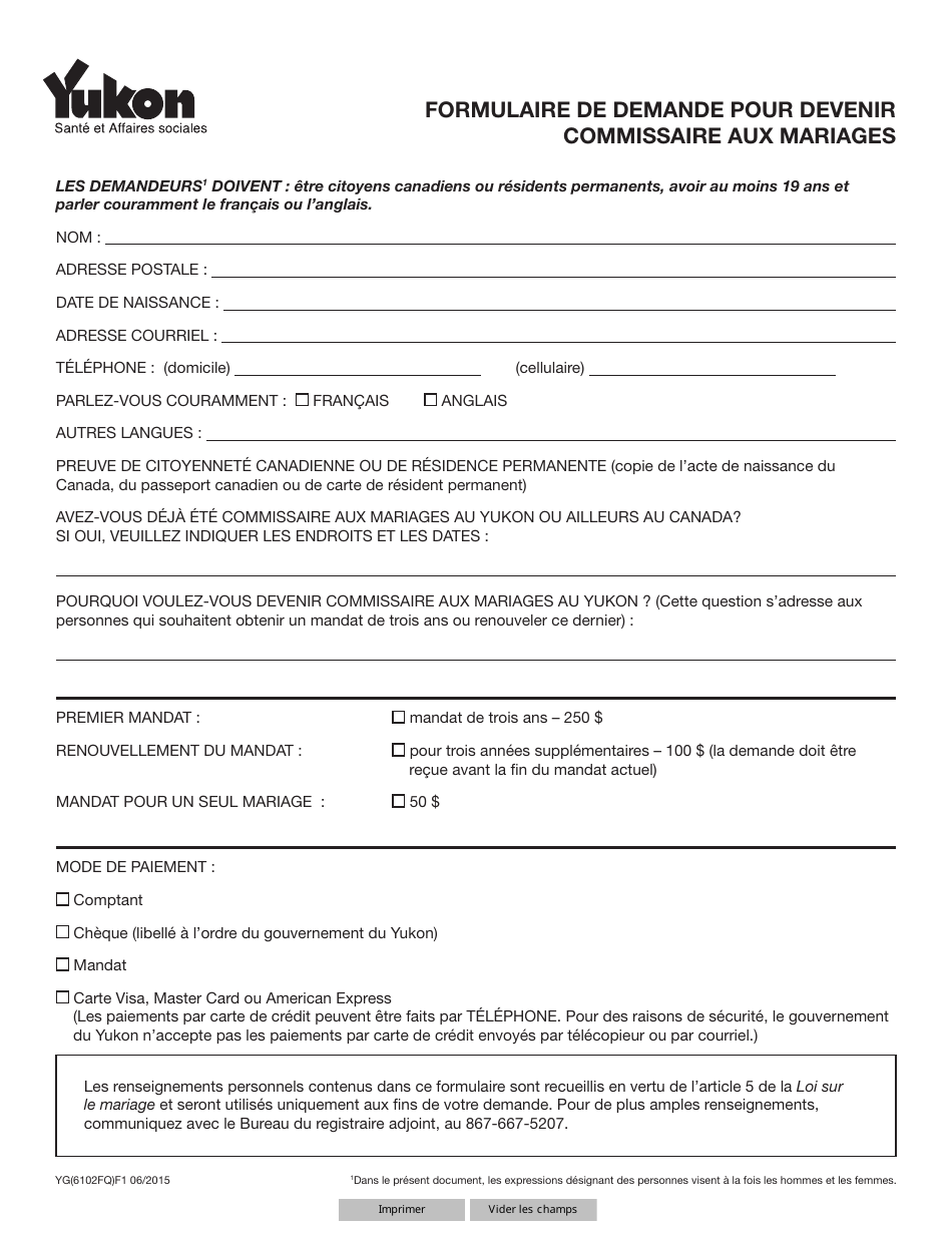 Forme YG6102 Formulaire De Demande Pour Devenir Commissaire Aux Mariages - Yukon, Canada (French), Page 1