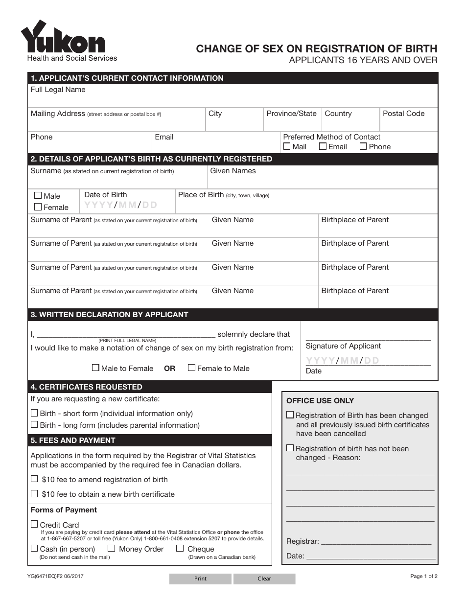 Form YG6471 Change of Sex on Registration of Birth - Applicants 16 Years and Over - Yukon, Canada, Page 1