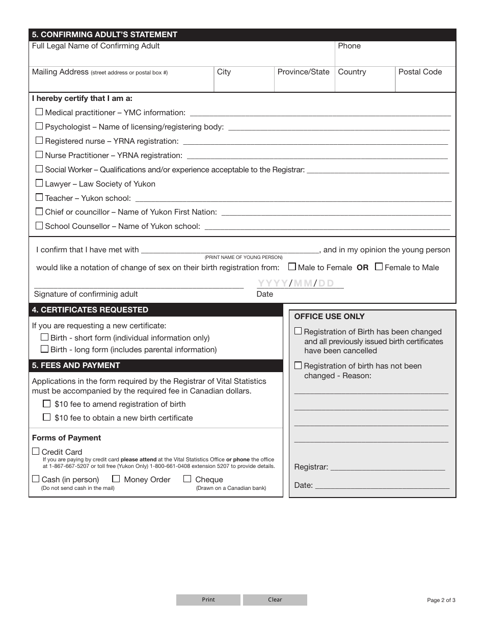 Form YG6470 Change of Sex on Registration of Birth - Applicants Under 16 Years of Age - Yukon, Canada, Page 2