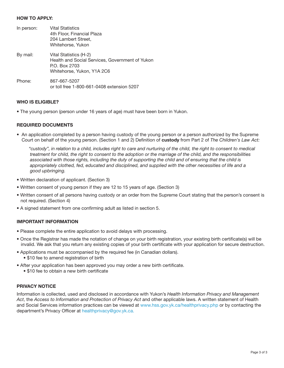 Form YG6470 Change of Sex on Registration of Birth - Applicants Under 16 Years of Age - Yukon, Canada, Page 3