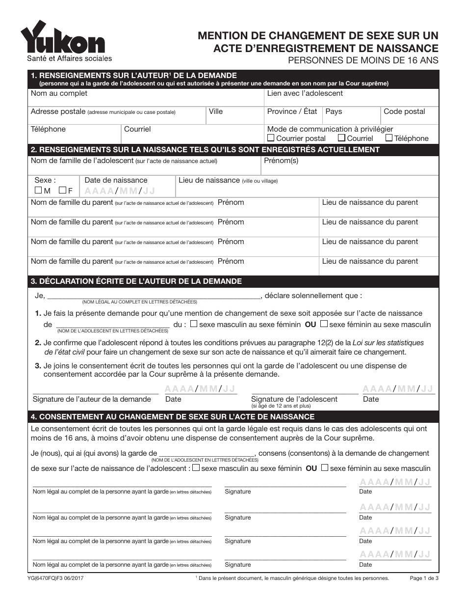 Forme YG6470 Mention De Changement De Sexe Sur Un Acte Denregistrement De Naissance Personnes De Moins De 16 Ans - Yukon, Canada (French), Page 1