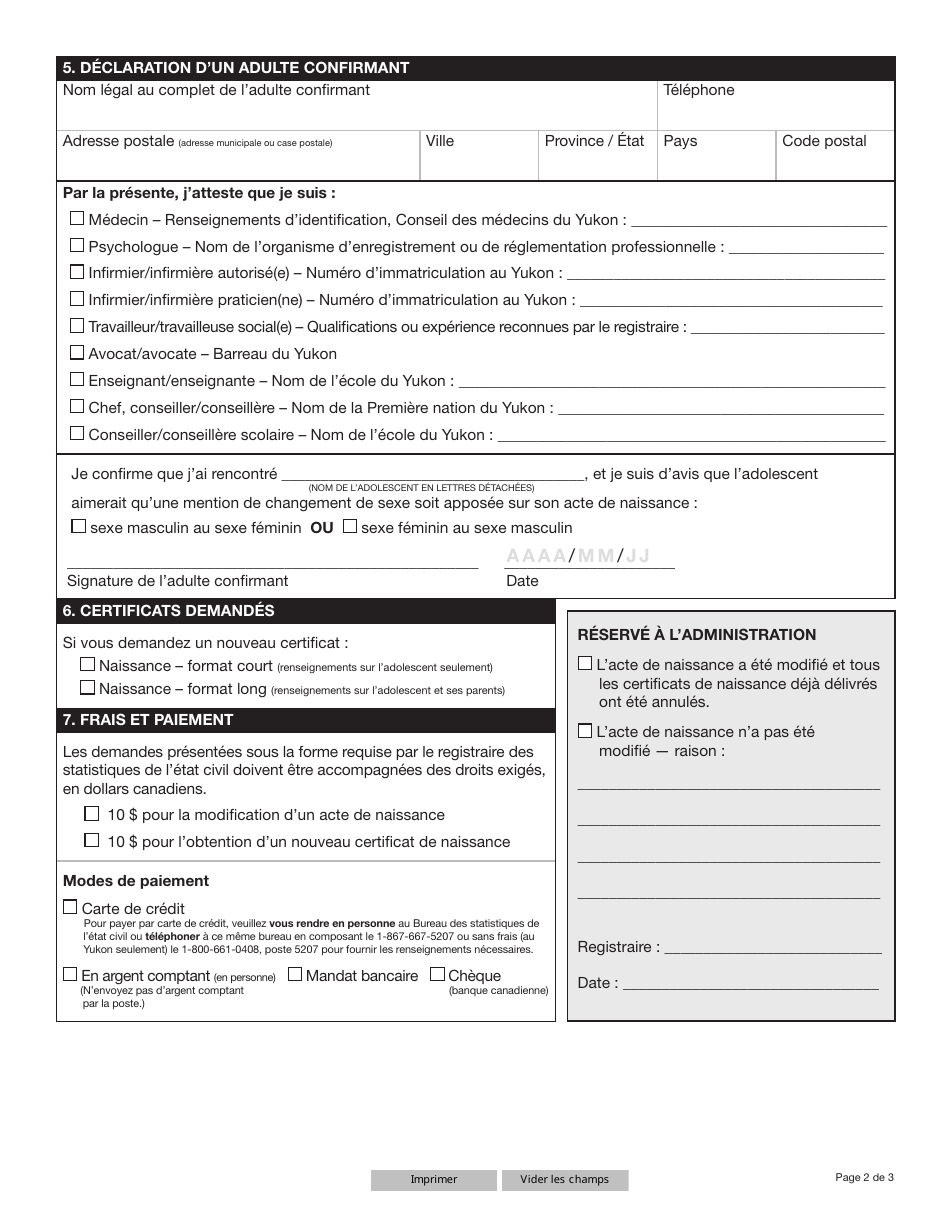 Forme YG6470 Mention De Changement De Sexe Sur Un Acte Denregistrement De Naissance Personnes De Moins De 16 Ans - Yukon, Canada (French), Page 2