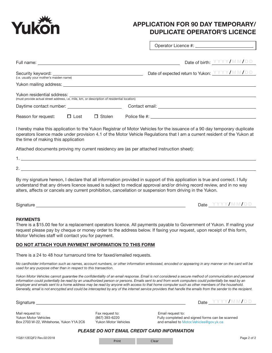 Form YG6112 Application for 90 Day Temporary / Duplicate Operators Licence - Yukon, Canada, Page 2