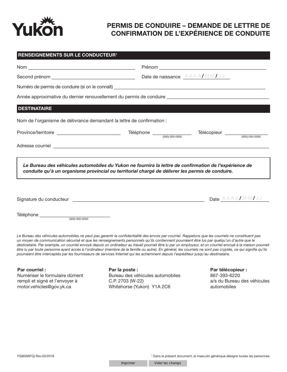 Forme YG6056 Permis De Conduire - Demande De Lettre De Confirmation De Lexperience De Conduite - Yukon, Canada (French), Page 1