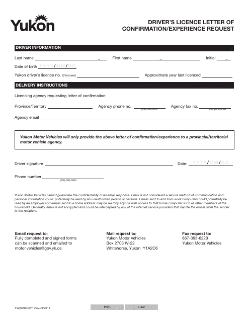 Form YG6056 Driver's Licence Letter of Confirmation/Experience Request - Yukon, Canada
