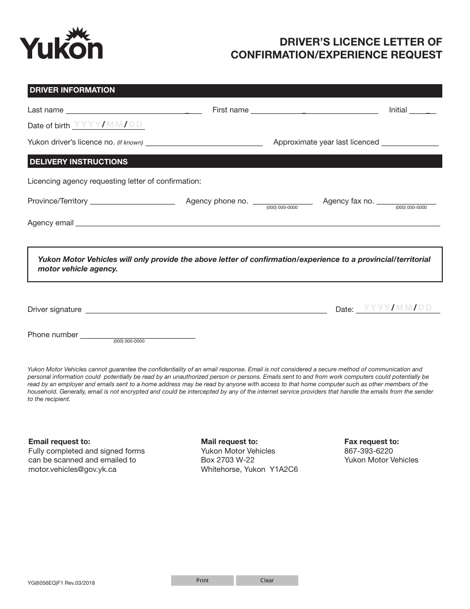 Form YG6056 Drivers Licence Letter of Confirmation / Experience Request - Yukon, Canada, Page 1
