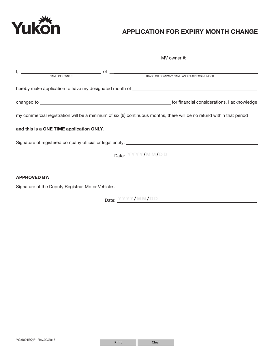 Form YG6091 Application for Expiry Month Change - Yukon, Canada, Page 1
