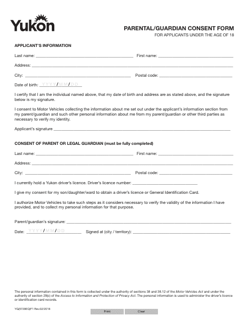 Form YG5729 Parental/Guardian Consent Form for Applicants Under the Age of 18 - Yukon, Canada