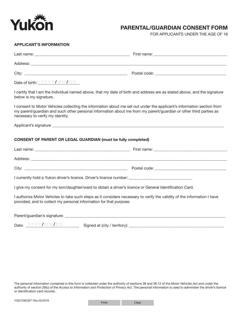 Form YG5729 Parental / Guardian Consent Form for Applicants Under the Age of 18 - Yukon, Canada, Page 1