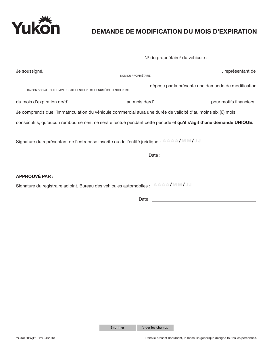 Forme YG6091 Demande De Modification Du Mois Dexpiration - Yukon, Canada (French), Page 1