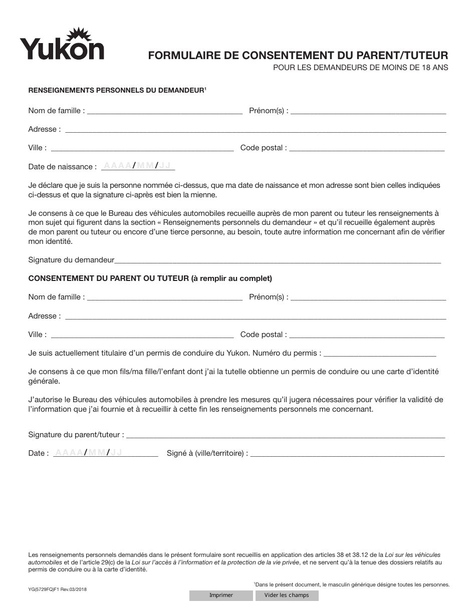Forme YG5729 Formulaire De Consentement Du Parent / Tuteur Pour Les Demandeurs De Moins De 18 Ans - Yukon, Canada (French), Page 1