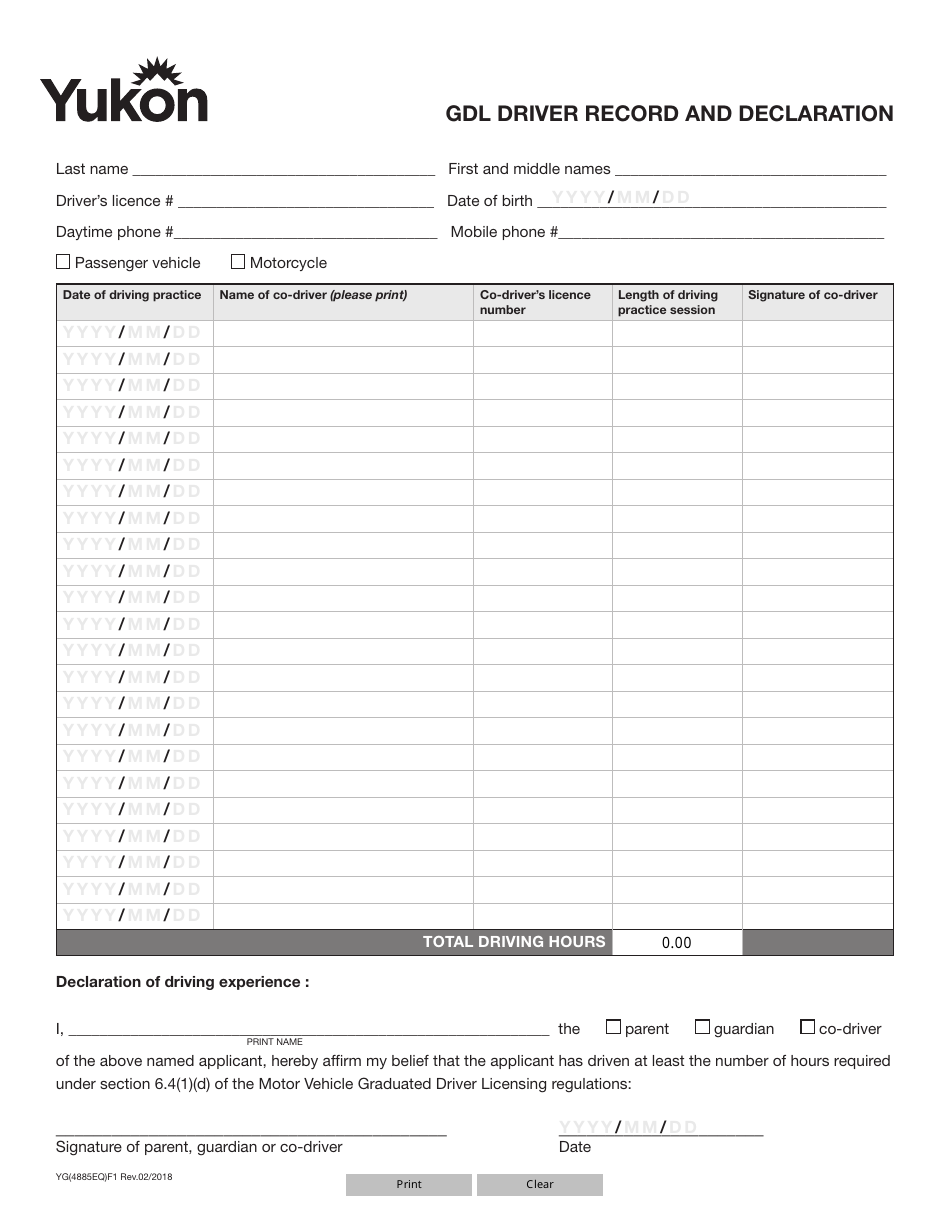 Form YG4885 Gdl Driver Record and Declaration - Yukon, Canada, Page 1