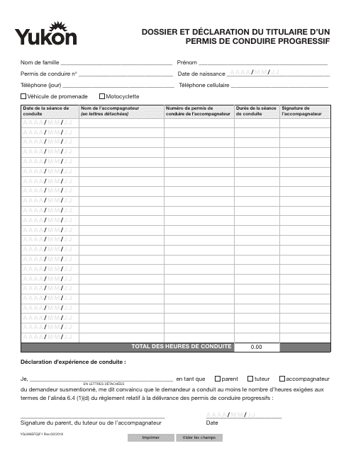 Forme YG4885 Dossier Et Declaration Du Titulaire D'un Permis De Conduire Progressif - Yukon, Canada (French)
