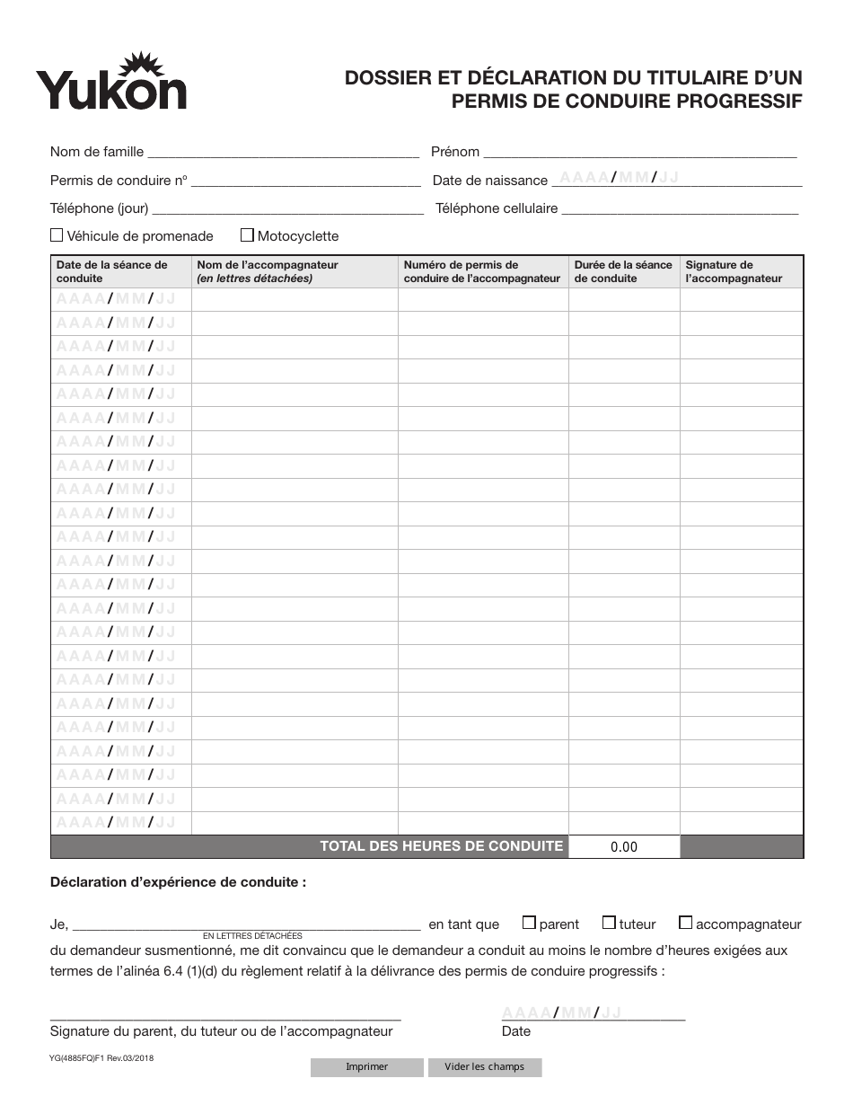 Forme YG4885 Dossier Et Declaration Du Titulaire Dun Permis De Conduire Progressif - Yukon, Canada (French), Page 1