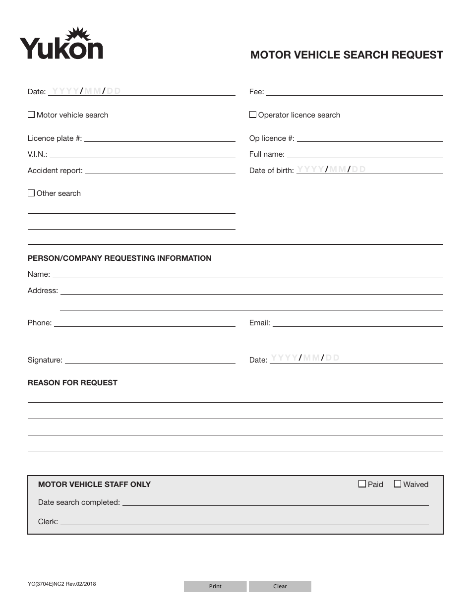 Form YG3704 Motor Vehicle Search Request - Yukon, Canada, Page 1