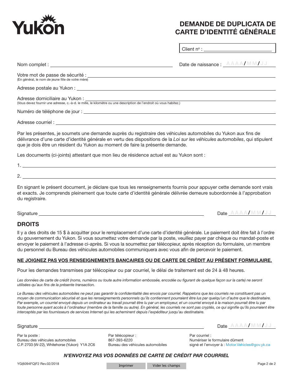 Forme YG6094 Demande De Duplicata De Carte Didentite Generale - Yukon, Canada (French), Page 2