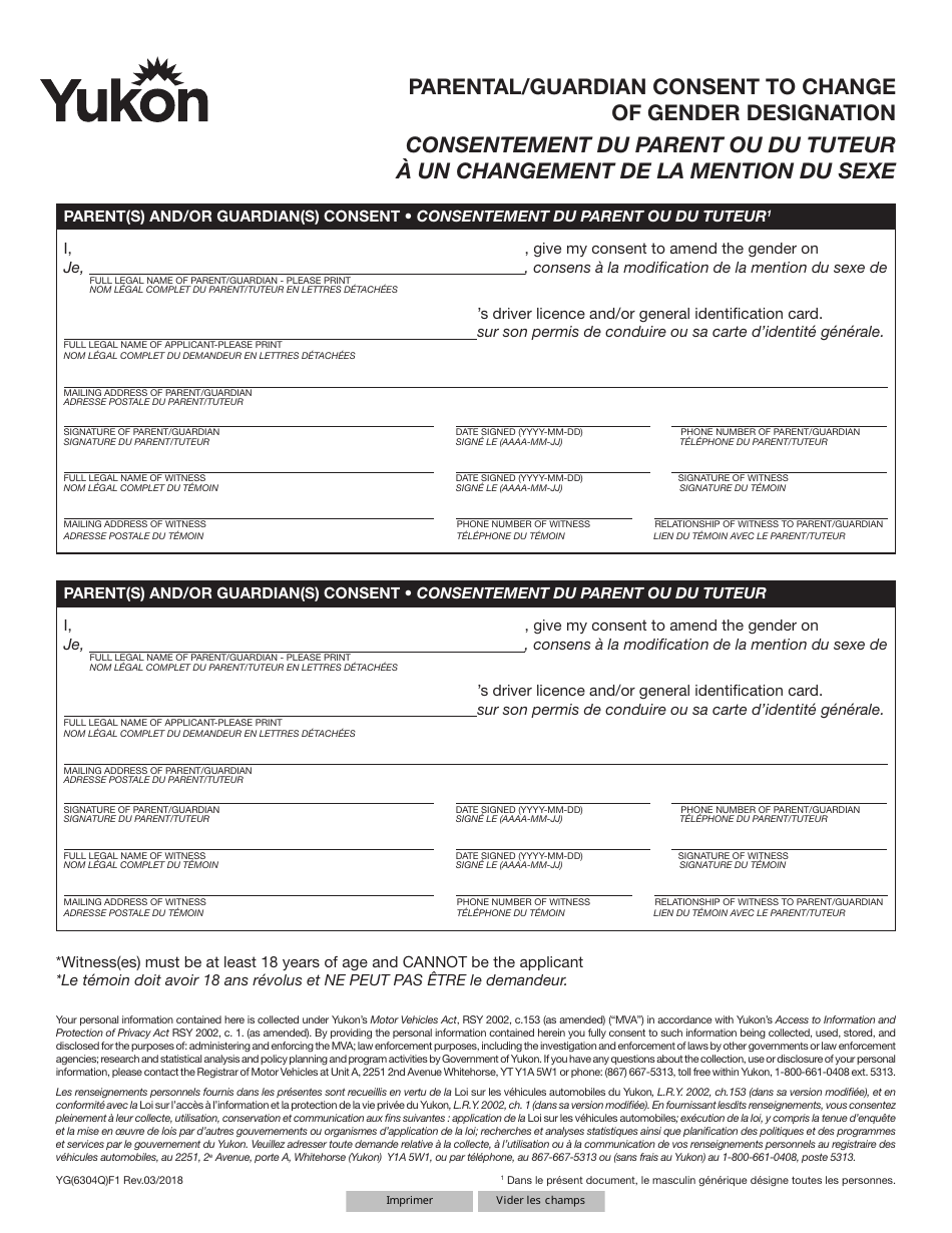 Form YG6304 Parental / Guardian Consent to Change of Gender Designation - Yukon, Canada (English / French), Page 1
