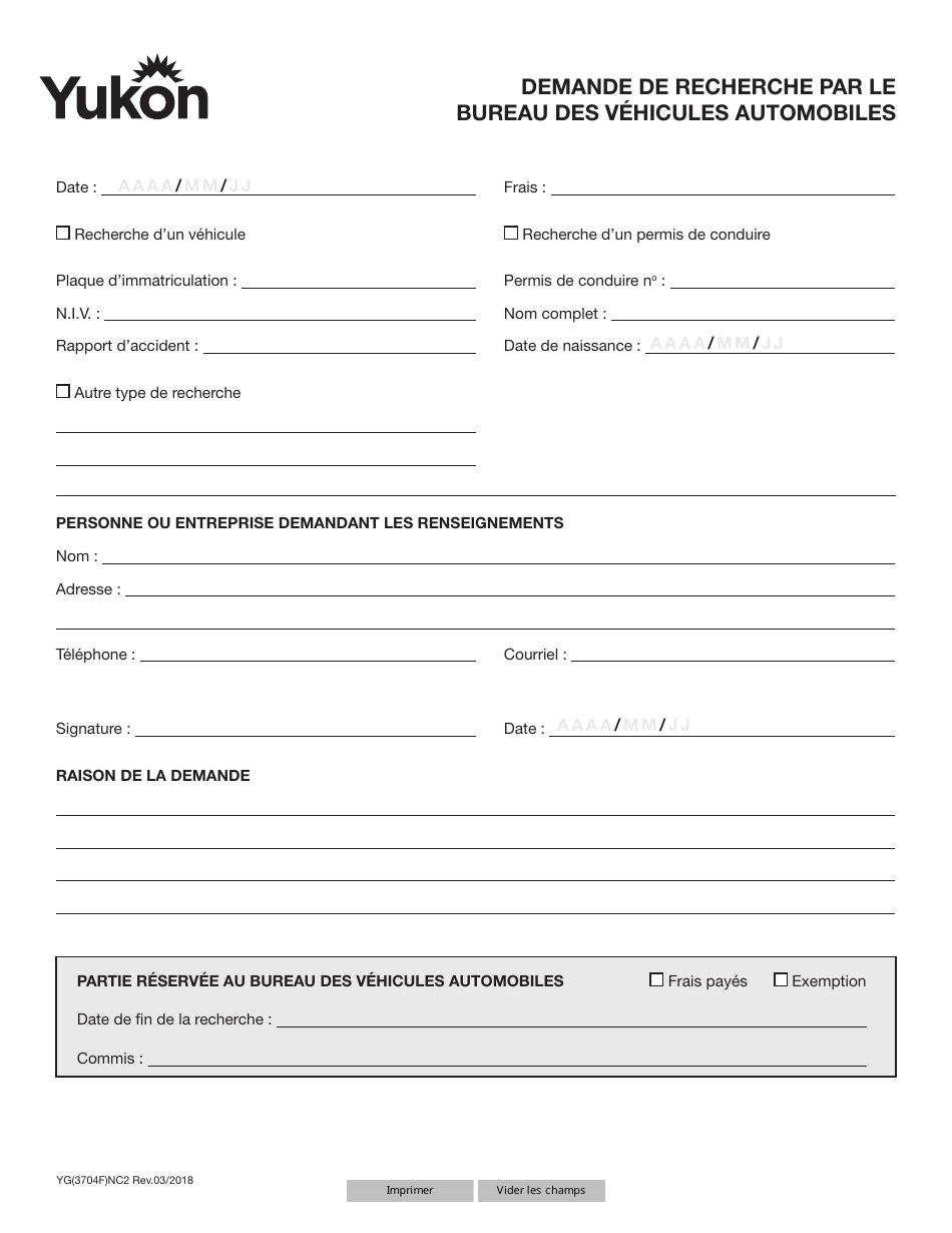 Forme YG3704 Demande De Recherche Par Lebureau DES Vehicules Automobiles - Yukon, Canada (French), Page 1
