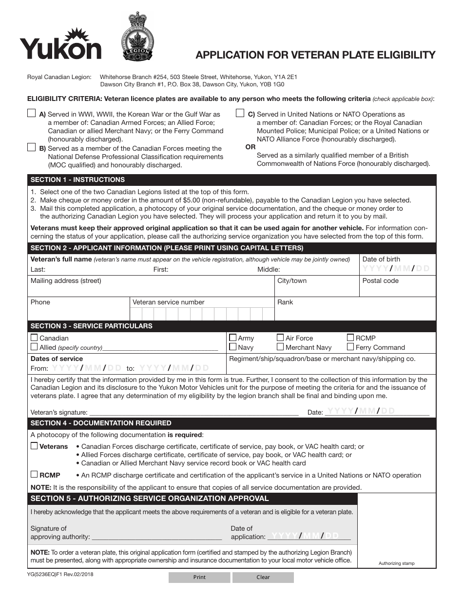 Form YG5236 Application for Veteran Plate Eligibility - Yukon, Canada, Page 1