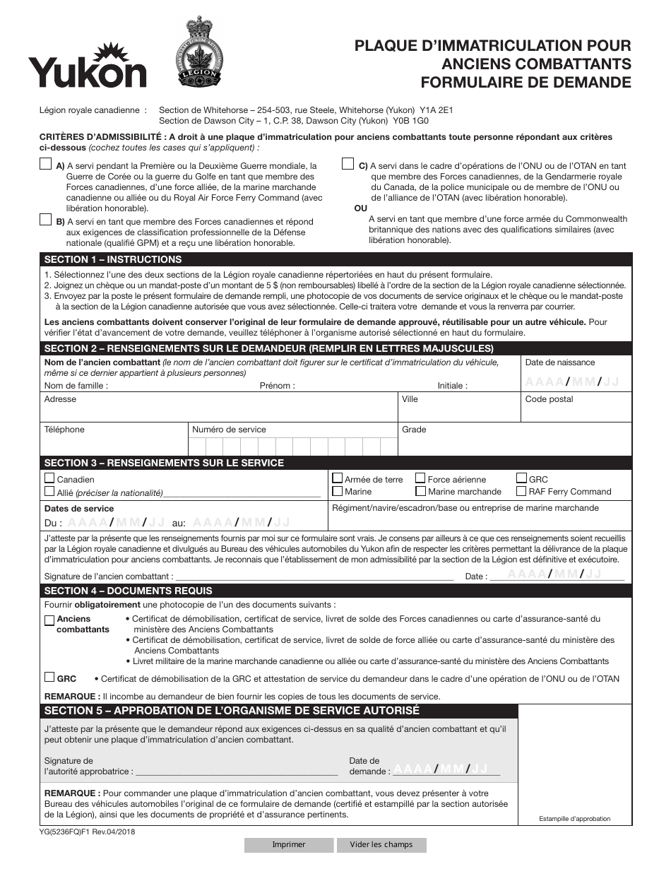 Forme YG5236 Plaque Dimmatriculation Pour Anciens Combattants Formulaire De Demande - Yukon, Canada (French), Page 1