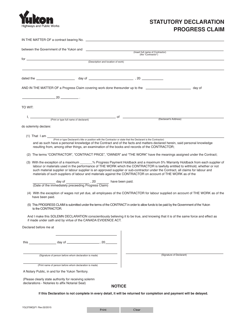 Form YG3799 Statutory Declaration Progress Claim - Yukon, Canada, Page 1