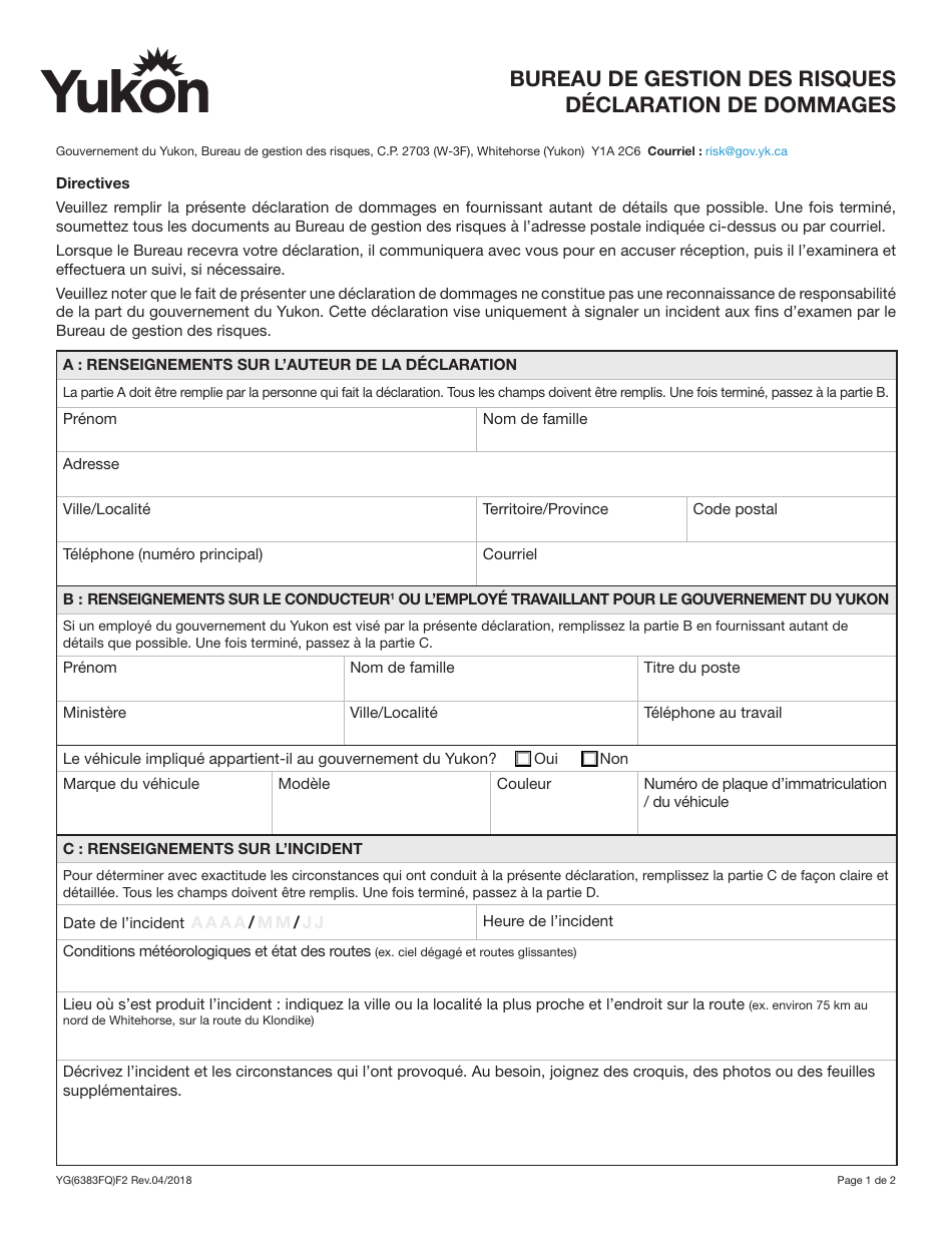 Forme YG6383 Claims Statement - Yukon, Canada (French), Page 1