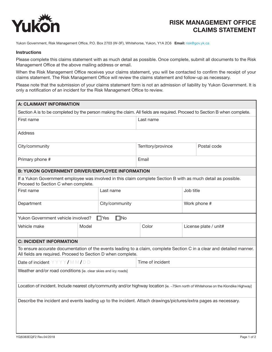 Form YG6383 Risk Management Office Claims Statement - Yukon, Canada, Page 1