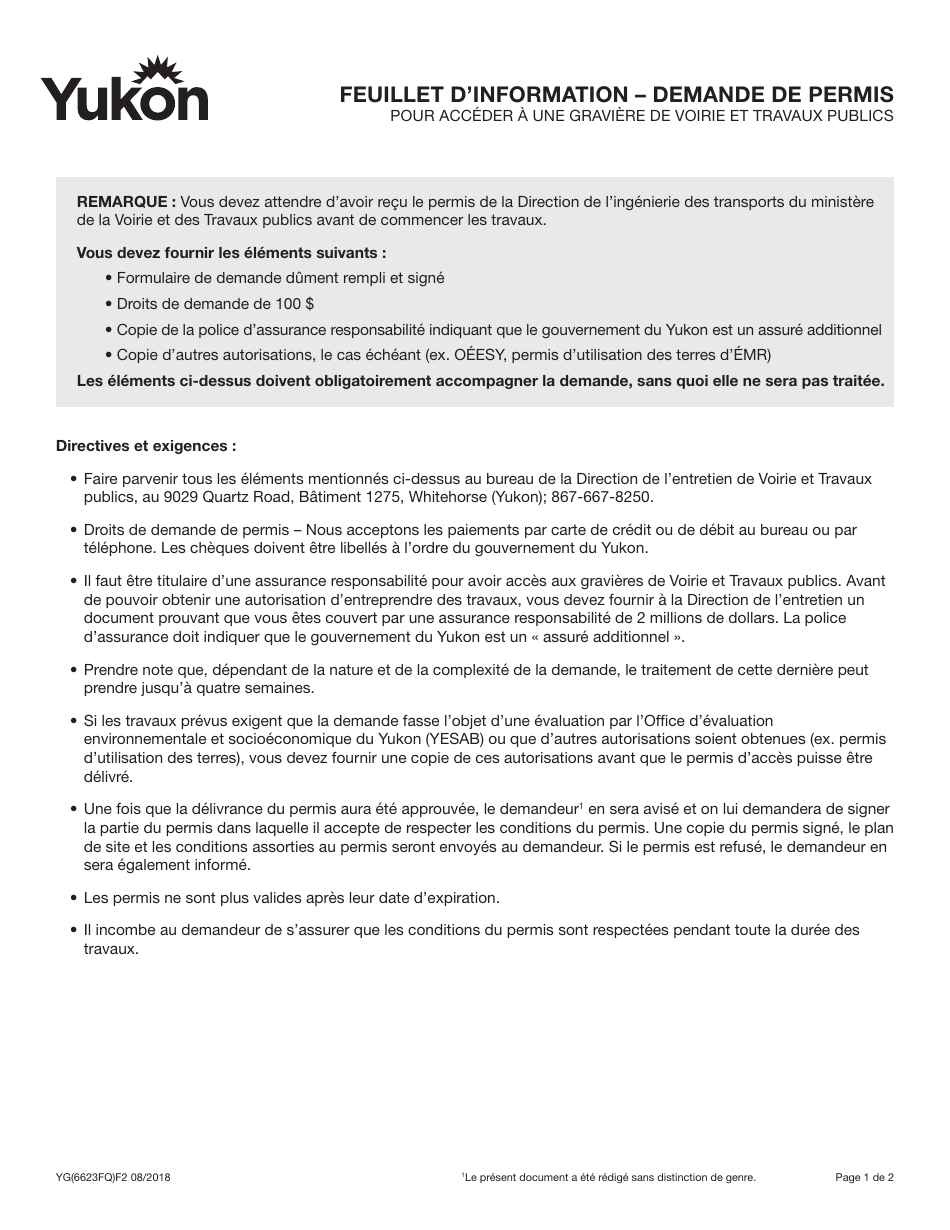 Forme YG6623 Feuillet Dinformation - Demande De Permis - Yukon, Canada (French), Page 1