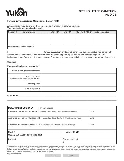 Form YG6559 Spring Litter Campaign Invoice - Yukon, Canada