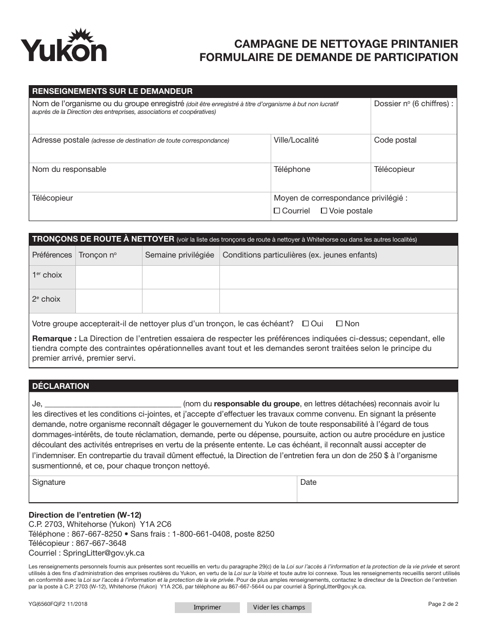 Forme YG6560 Campagne De Nettoyage Printanier Formulaire De Demande De Participation - Yukon, Canada (French), Page 2
