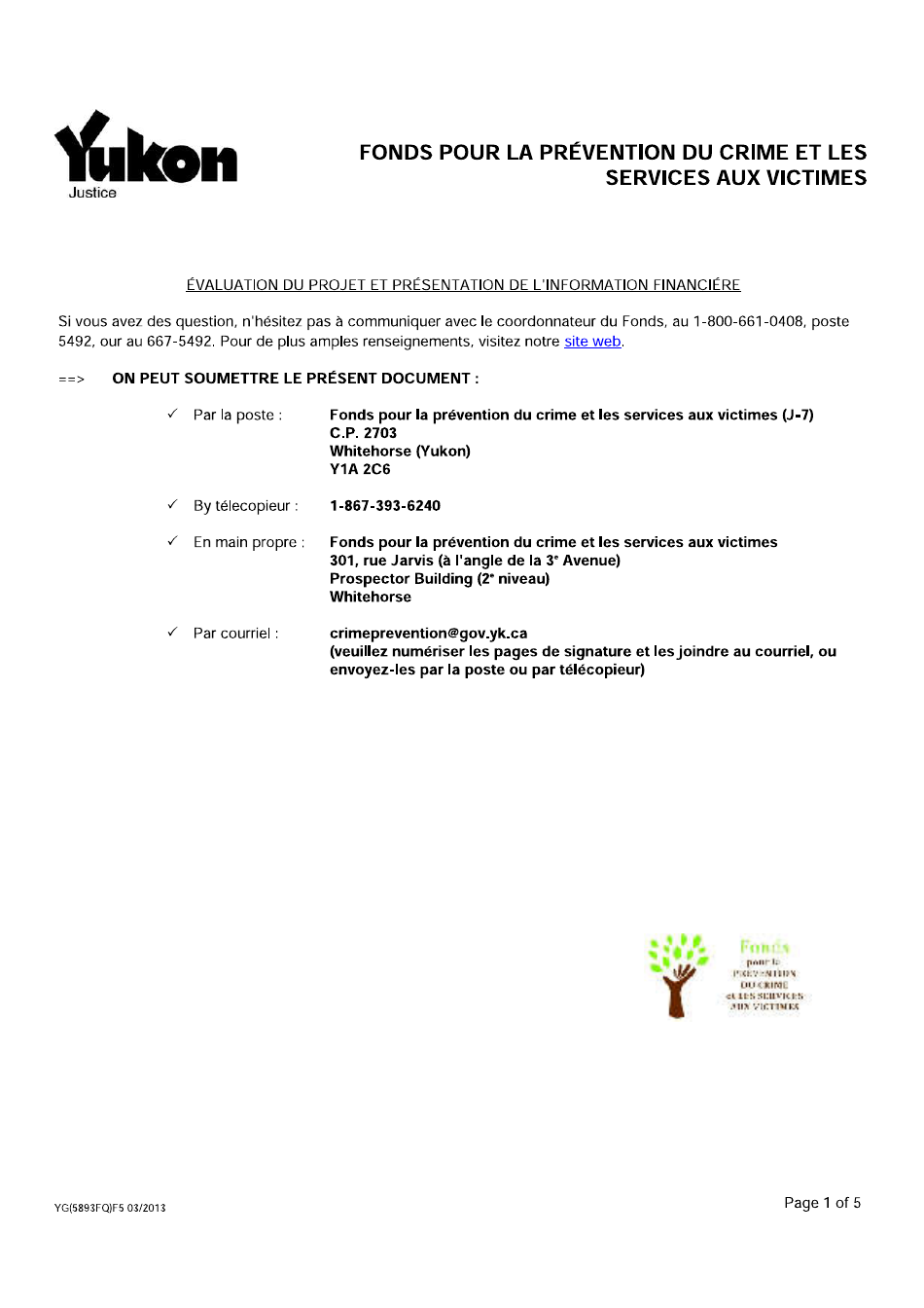 Forme YG5893 Evaluation Du Projet Et Presentation De Linformation Financiere - Yukon, Canada (French), Page 1
