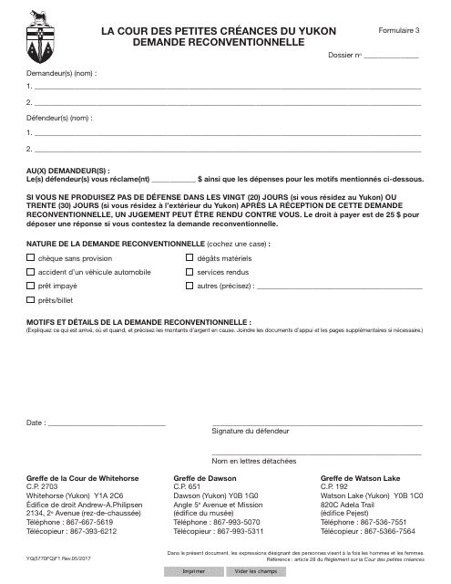 Forme 3 (YG5770) Demande Reconventionnelle - Yukon, Canada (French)