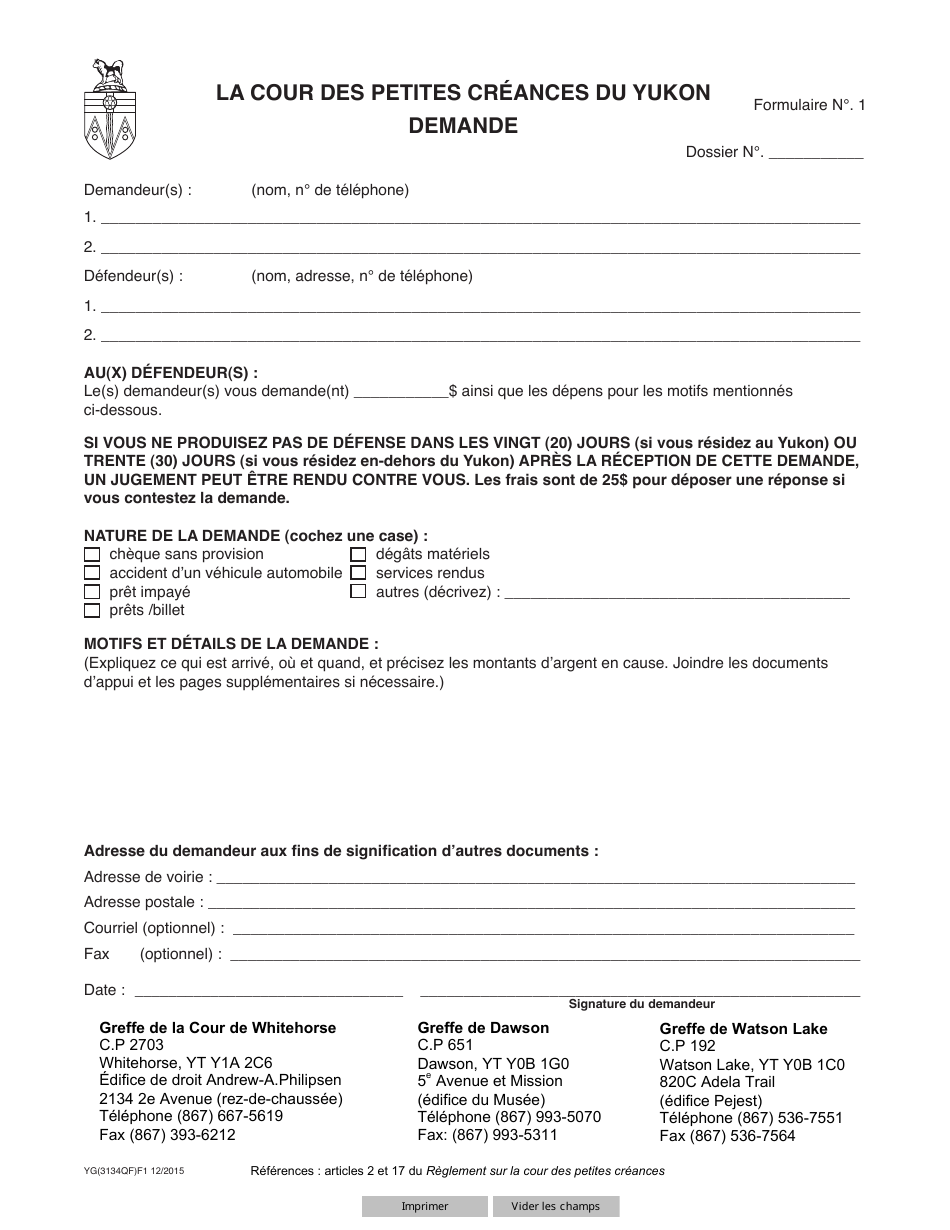 Forme 1 (YG3134) Demande - Yukon, Canada (French), Page 1