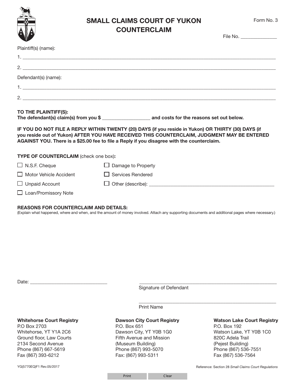 Form 3 (YG5770) Counterclaim - Yukon, Canada, Page 1