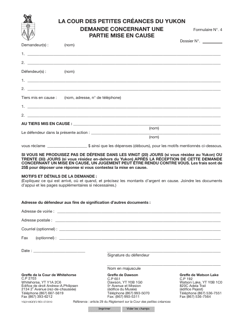 Forme 4 (YG3149) Demande Concernant Une Partie Mise En Cause - Yukon, Canada (French)
