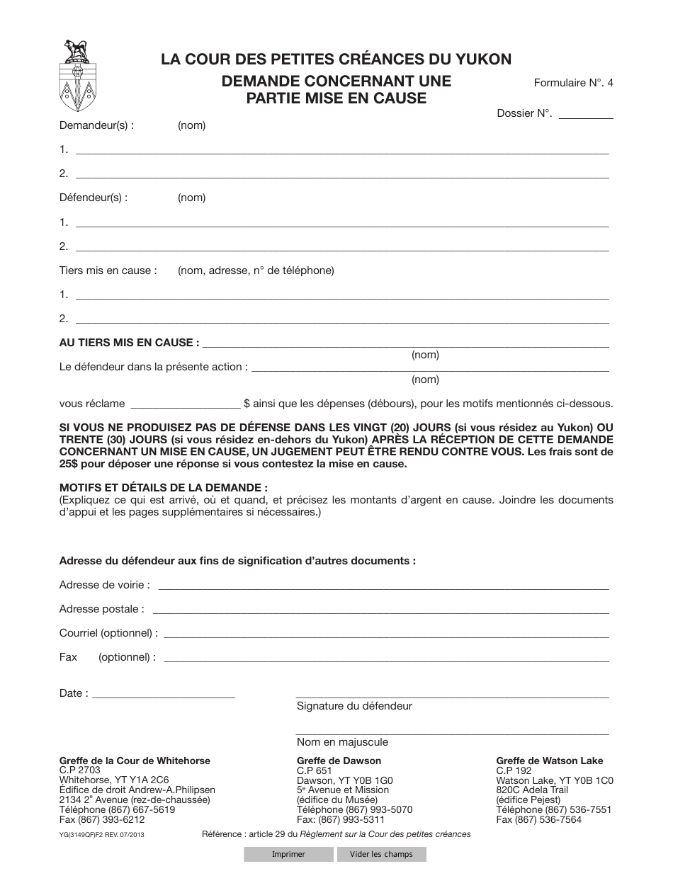 Forme 4 (YG3149) Demande Concernant Une Partie Mise En Cause - Yukon, Canada (French), Page 1