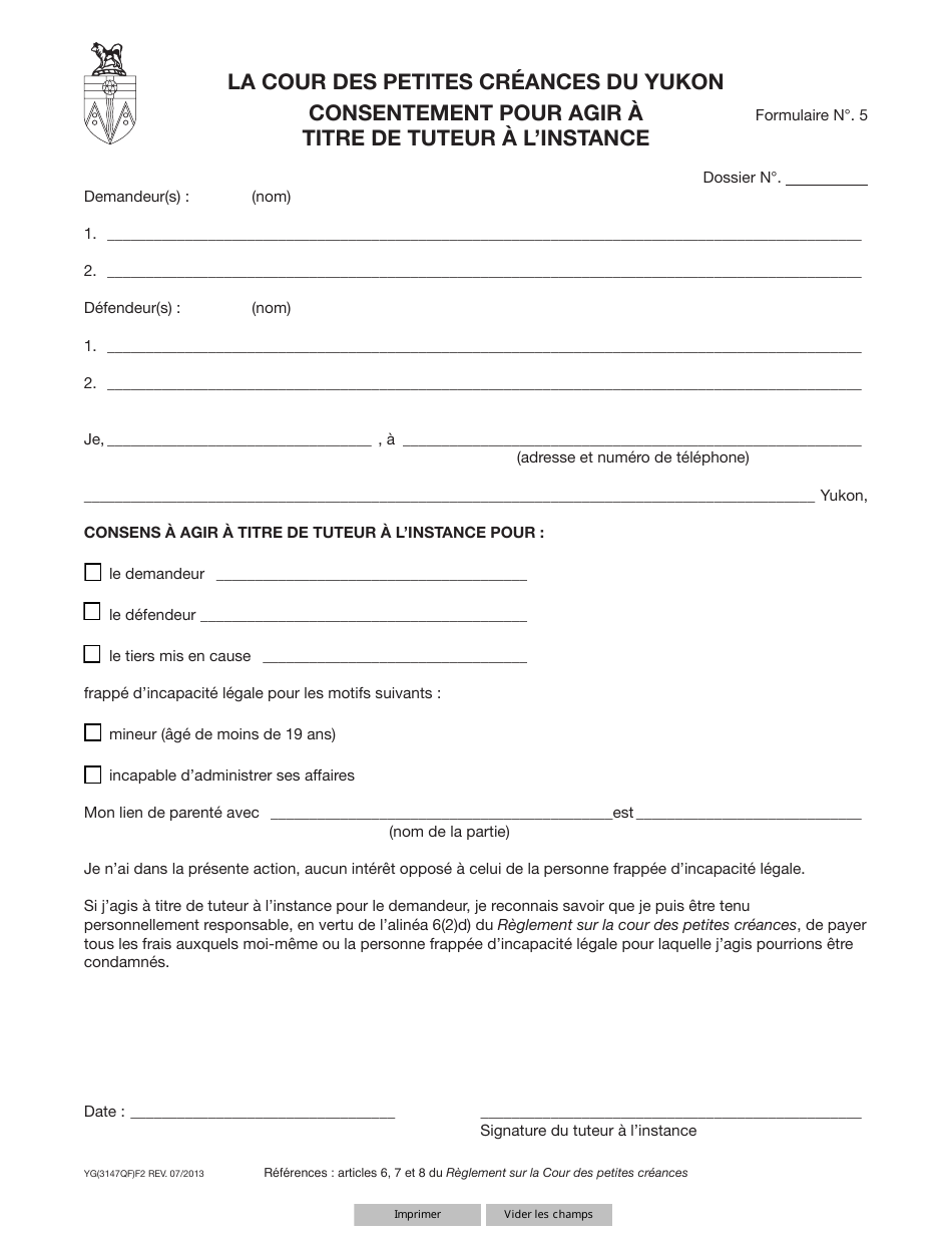 Forme 5 (YG3147) Consentement Pour Agir a Titre De Tuteur a Linstance - Yukon, Canada (French), Page 1