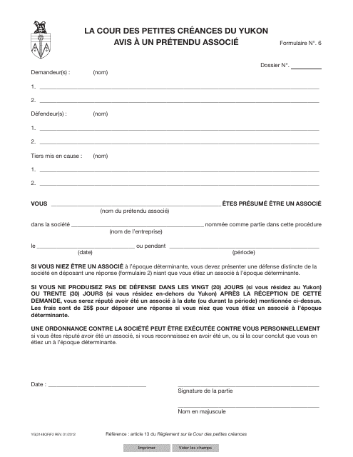Forme 6 (YG3148) Notice to Alleged Partner - Yukon, Canada (French)