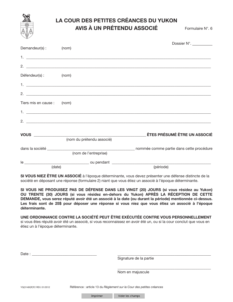 Forme 6 (YG3148) Notice to Alleged Partner - Yukon, Canada (French), Page 1