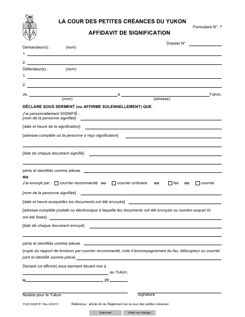 Forme 7 (YG3133) Affidavit of Service - Yukon, Canada (French)