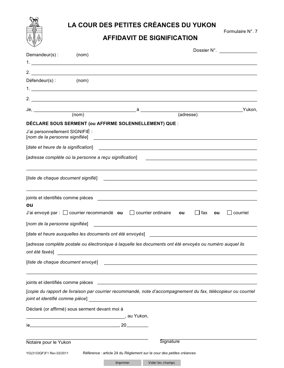 Forme 7 (YG3133) Affidavit of Service - Yukon, Canada (French), Page 1