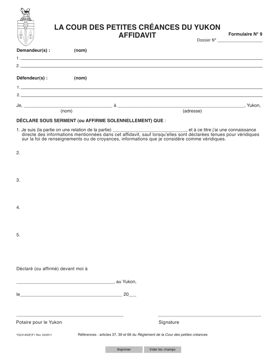 Forme 9 (YG3143) Affidavit - Yukon, Canada (French), Page 1