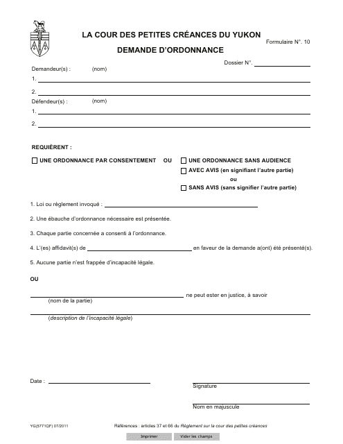 Forme 10 (YG5771) Requisition for Order - Yukon, Canada (French)