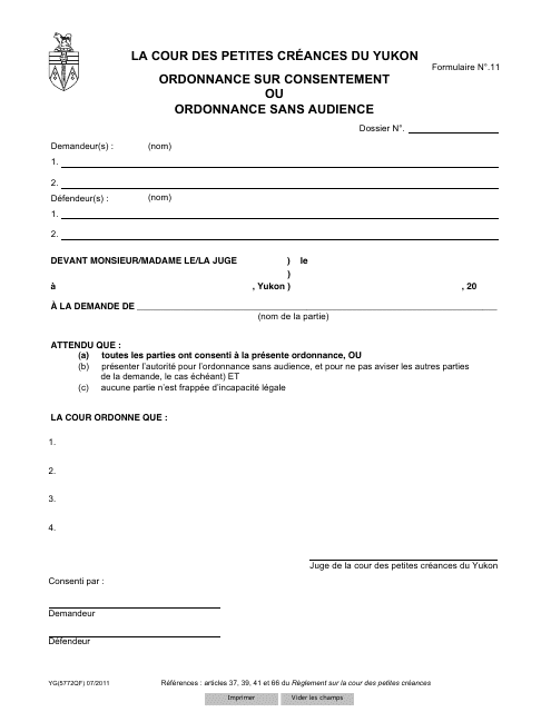 Forme 11 (YG5772) Consent Order or Order Without a Hearing - Yukon, Canada (French)